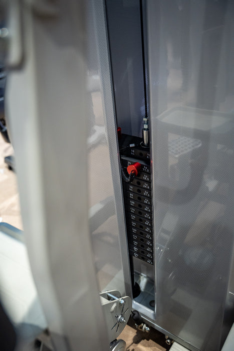 Selectorised weight stack detail on the GluteLeader GL-1006 Standing Hip Adductor