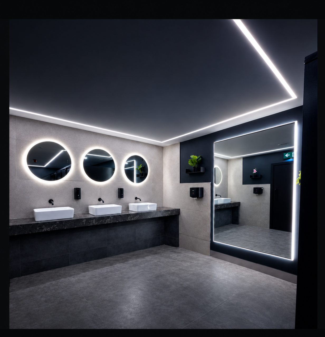 Washroom interior with illuminated mirrors and three basins